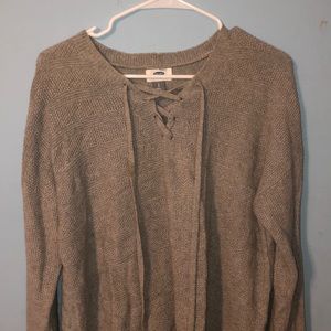 Gray cross tie sweater